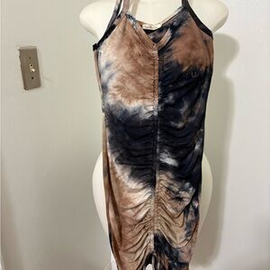 Ruched V-Neck Tie-Dye Midi Dress in Brown & Navy Swirl NWOT Small